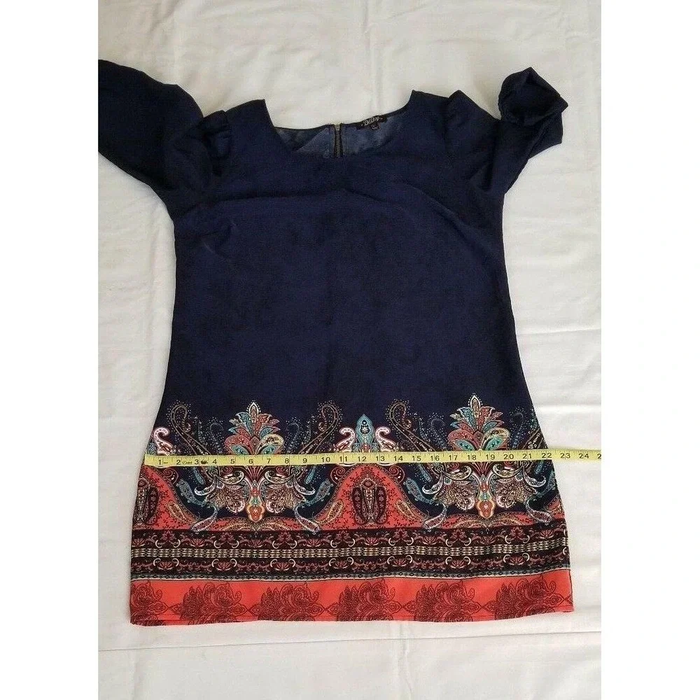 Bebop Women's Navy Blue/Multicolor 3/4 Sleeve Paisley Print Shift Dress Sz Large